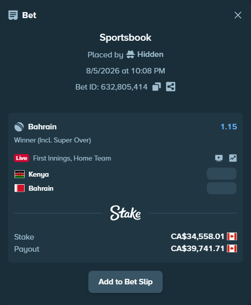 Bet slip: Kenya - Bahrain, $25,572.93 stake at 1.15 odds, placed by Hidden