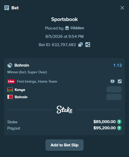 Bet slip: Kenya - Bahrain, $85,085.00 stake at 1.12 odds, placed by Hidden