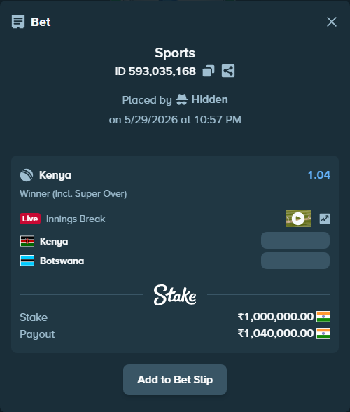 Bet slip: Kenya - Botswana, $12,000.00 stake at 1.04 odds, placed by Hidden