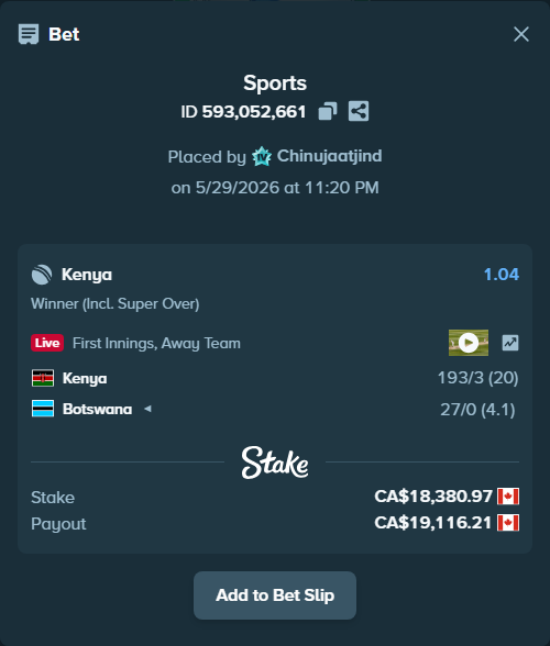 Bet slip: Kenya - Botswana, $13,601.92 stake at 1.04 odds, placed by Chinujaatjind