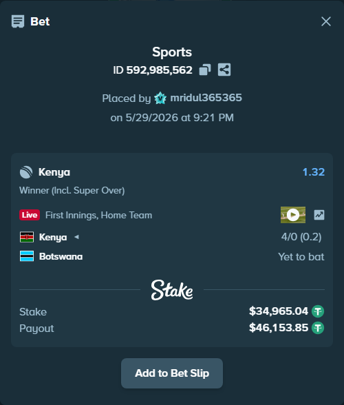 Bet slip: Kenya - Botswana, $35,000.00 stake at 1.32 odds, placed by mridul365365