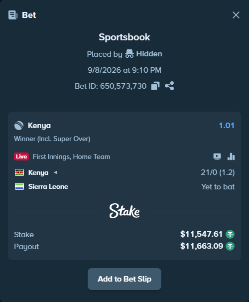 Bet slip: Kenya - Sierra Leone, $11,547.61 stake at 1.01 odds, placed by Hidden
