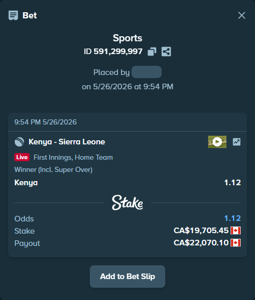 Bet slip: Kenya - Sierra Leone, $14,582.03 stake at 1.12 odds, placed by Chinujaatjind