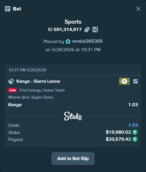 Bet slip: Kenya - Sierra Leone, $20,000.00 stake at 1.03 odds, placed by mridul365365