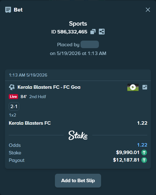 Bet slip: Kerala Blasters FC - FC Goa, $10,000.00 stake at 1.22 odds, placed by Introspection9