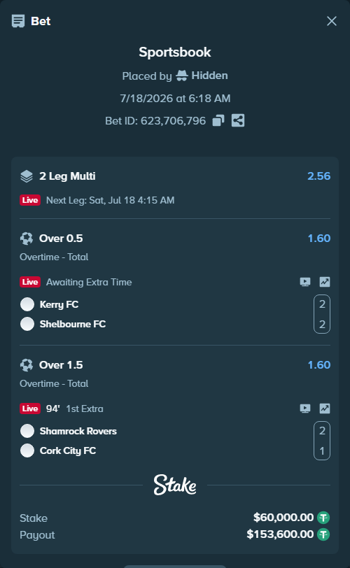 Bet slip: Kerry FC - Shelbourne FC, $60,000.00 stake at 1.60 odds, placed by Hidden