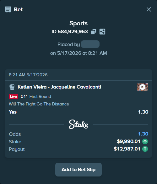 Bet slip: Ketlen Vieira - Jacqueline Cavalcanti, $10,000.00 stake at 1.30 odds, placed by klowertox32