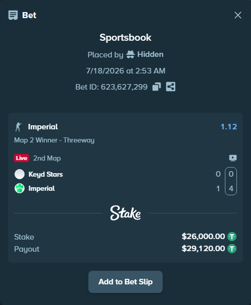 Bet slip: Keyd Stars - Imperial, $26,000.00 stake at 1.12 odds, placed by Hidden