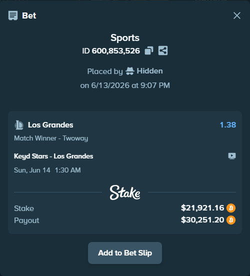 Bet slip: Keyd Stars - Los Grandes , $22,069.44 stake at 1.38 odds, placed by Hidden