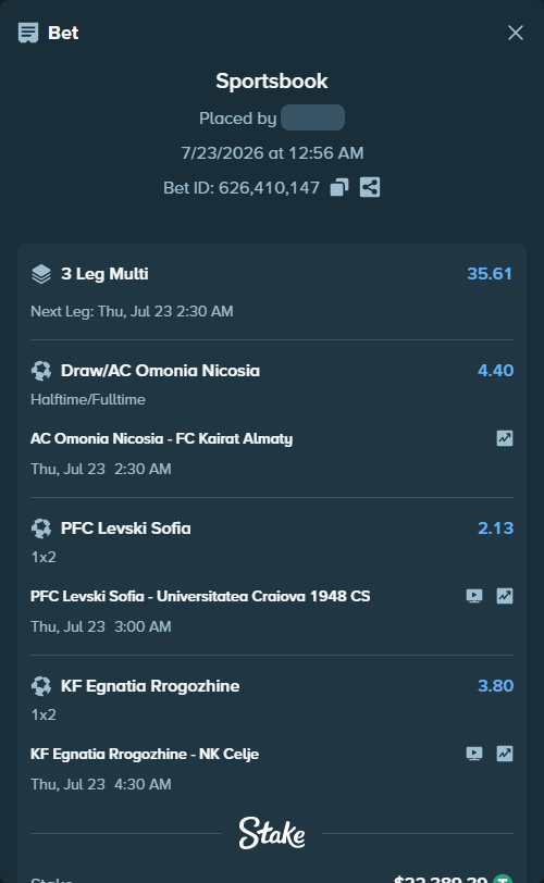 Bet slip: KF Egnatia Rrogozhine - NK Celje, $22,389.39 stake at 3.80 odds, placed by kabic555