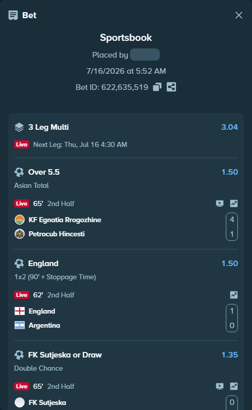 Bet slip: KF Egnatia Rrogozhine - Petrocub Hincesti, $10,000.00 stake at 1.50 odds, placed by Jephthah2
