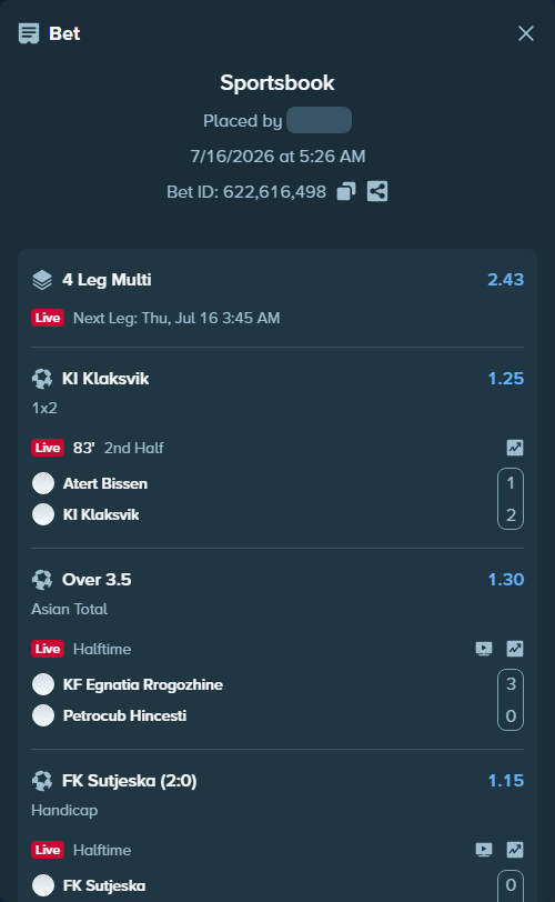 Bet slip: KF Egnatia Rrogozhine - Petrocub Hincesti, $10,295.00 stake at 1.30 odds, placed by Jephthah2
