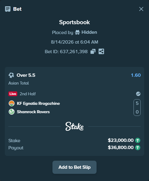 Bet slip: KF Egnatia Rrogozhine - Shamrock Rovers, $23,023.00 stake at 1.60 odds, placed by Hidden