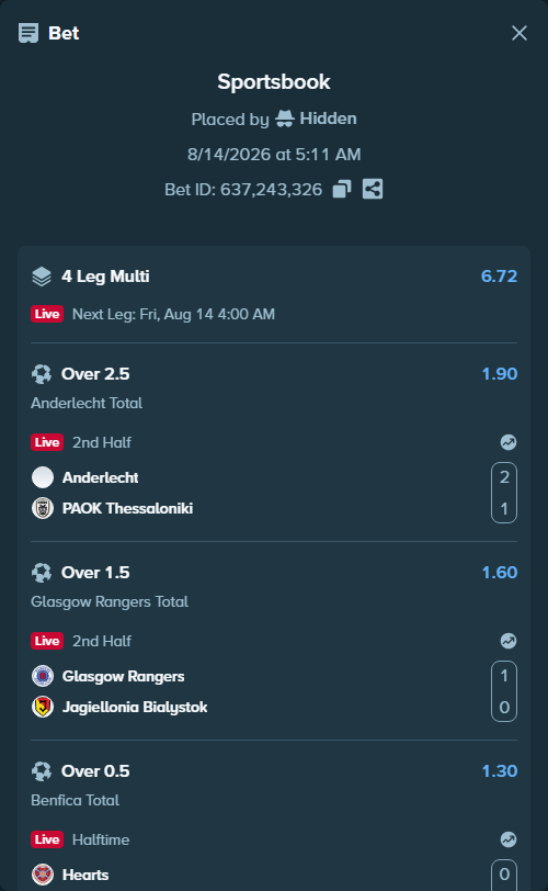 Bet slip: KF Egnatia Rrogozhine - Shamrock Rovers, $40,341.86 stake at 1.70 odds, placed by Hidden