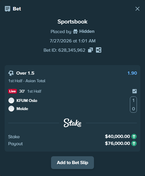 Bet slip: KFUM Oslo - Molde, $40,000.00 stake at 1.90 odds, placed by Hidden