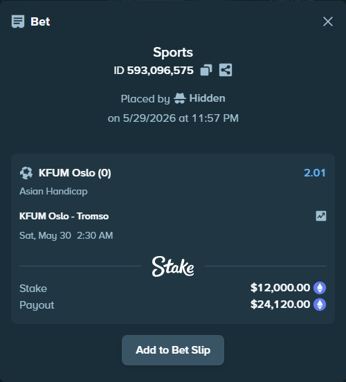 Bet slip: KFUM Oslo - Tromso, $10,441.30 stake at 2.01 odds, placed by Hidden