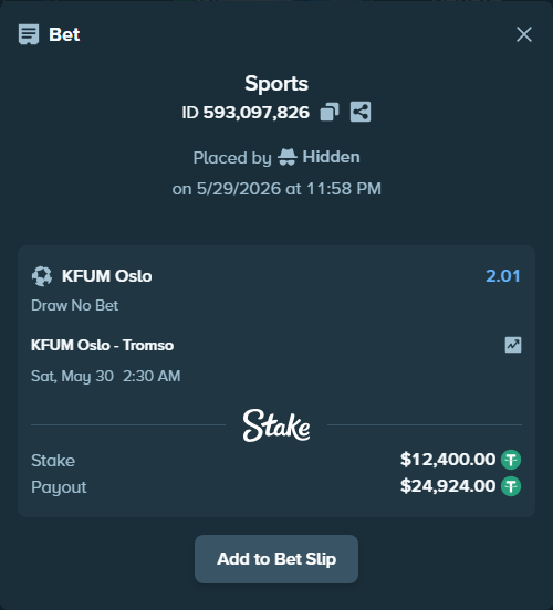 Bet slip: KFUM Oslo - Tromso, $12,412.40 stake at 2.01 odds, placed by Hidden