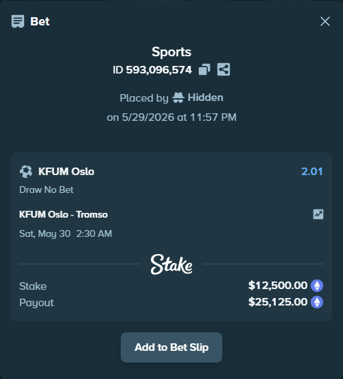 Bet slip: KFUM Oslo - Tromso, $10,876.35 stake at 2.01 odds, placed by Hidden