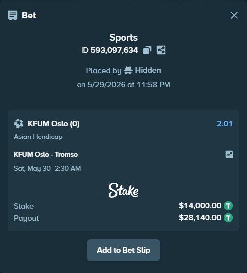 Bet slip: KFUM Oslo - Tromso, $14,014.00 stake at 2.01 odds, placed by Hidden