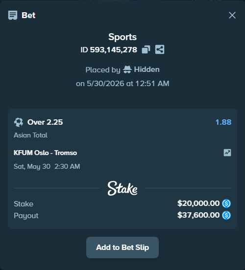 Bet slip: KFUM Oslo - Tromso, $20,000.00 stake at 1.88 odds, placed by Hidden