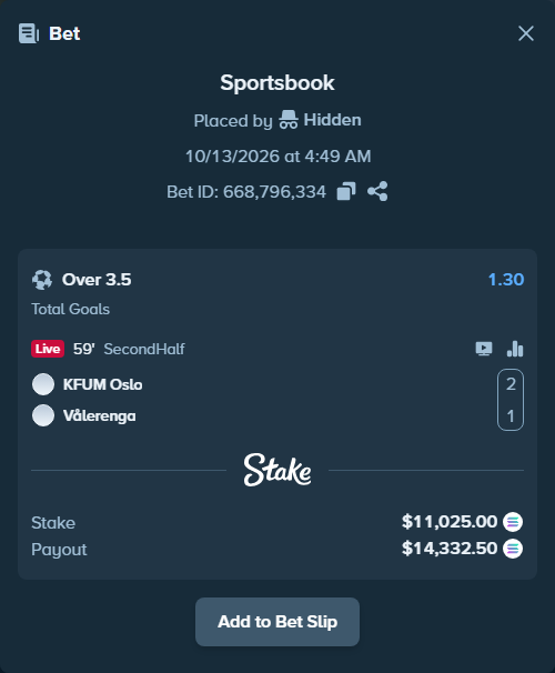 Bet slip: KFUM Oslo - Valerenga, $11,082.94 stake at 1.30 odds, placed by kenthimself