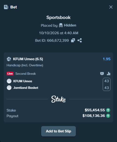 Bet slip: KFUM Umea - Jamtland Basket, $55,510.00 stake at 1.95 odds, placed by Hidden