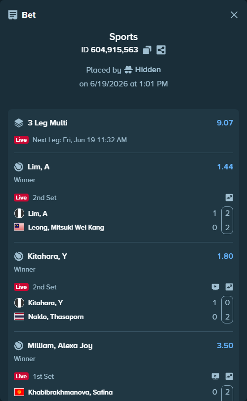 Bet slip: Khabibrakhmanova, Safina - Milliam, Alexa Joy, $15,000.00 stake at 3.50 odds, placed by Hidden