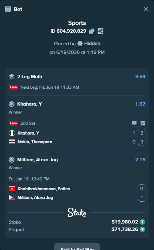 Bet slip: Khabibrakhmanova, Safina - Milliam, Alexa Joy, $20,000.00 stake at 2.15 odds, placed by Hidden