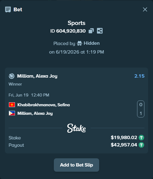 Bet slip: Khabibrakhmanova, Safina - Milliam, Alexa Joy, $20,000.00 stake at 2.15 odds, placed by Hidden