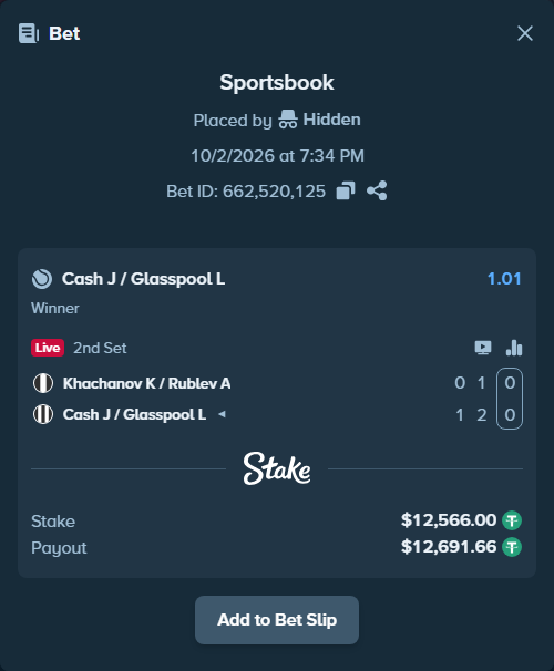 Bet slip: Khachanov K / Rublev A - Cash J / Glasspool L, $12,566.00 stake at 1.01 odds, placed by 진라면먹고싶다