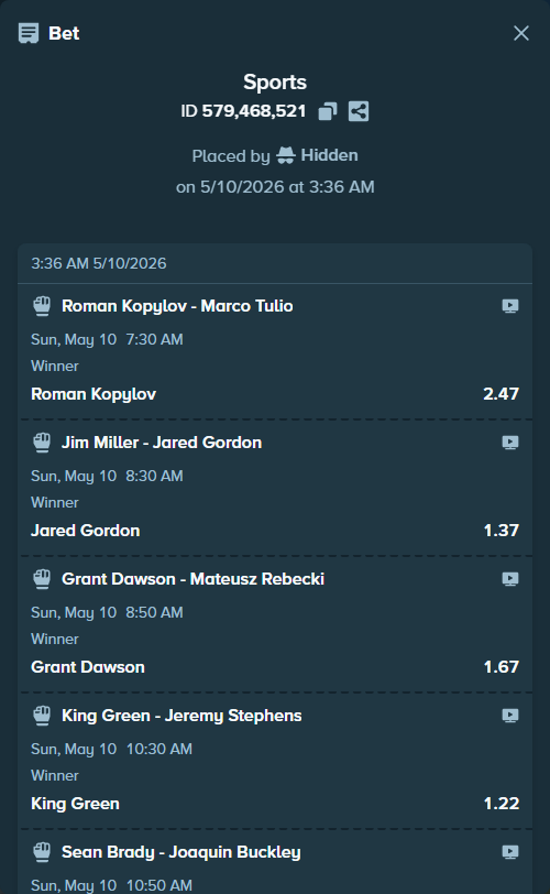 Bet slip: Khamzat Chimaev - Sean Strickland, $10,000.00 stake at 1.19 odds, placed by Hidden