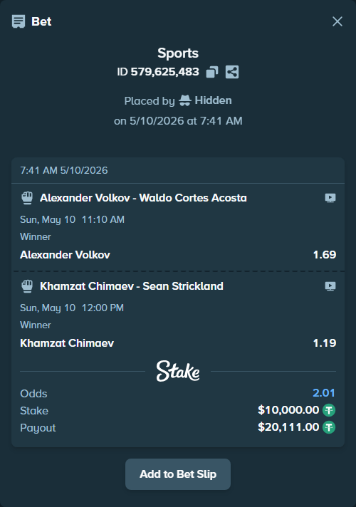 Bet slip: Khamzat Chimaev - Sean Strickland, $10,000.00 stake at 1.19 odds, placed by Hidden