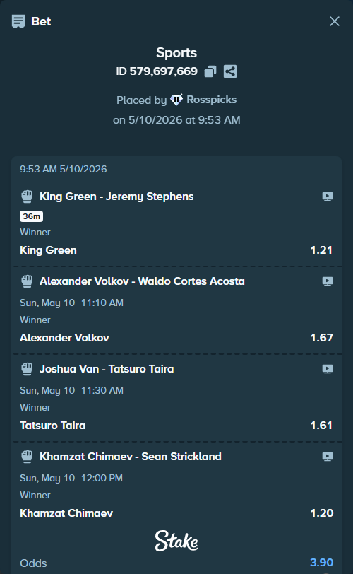 Bet slip: Khamzat Chimaev - Sean Strickland, $8,101.33 stake at 1.20 odds, placed by Rosspicks