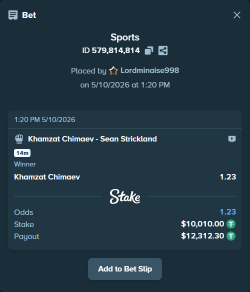 Bet slip: Khamzat Chimaev - Sean Strickland, $10,010.00 stake at 1.23 odds, placed by Lordminaise998