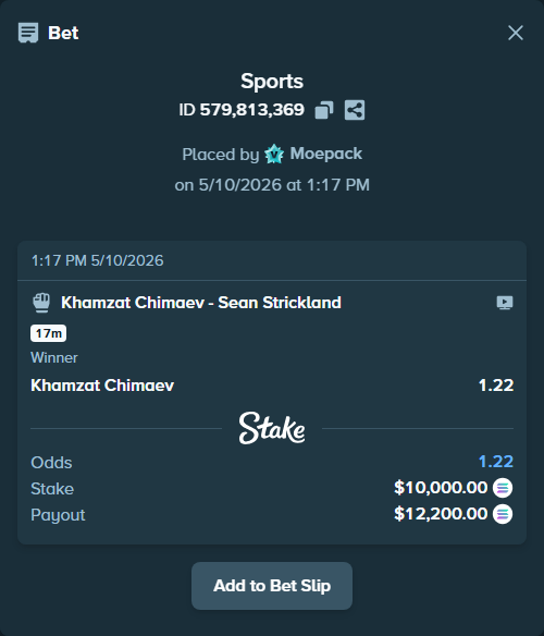 Bet slip: Khamzat Chimaev - Sean Strickland, $7,828.39 stake at 1.22 odds, placed by Moepack