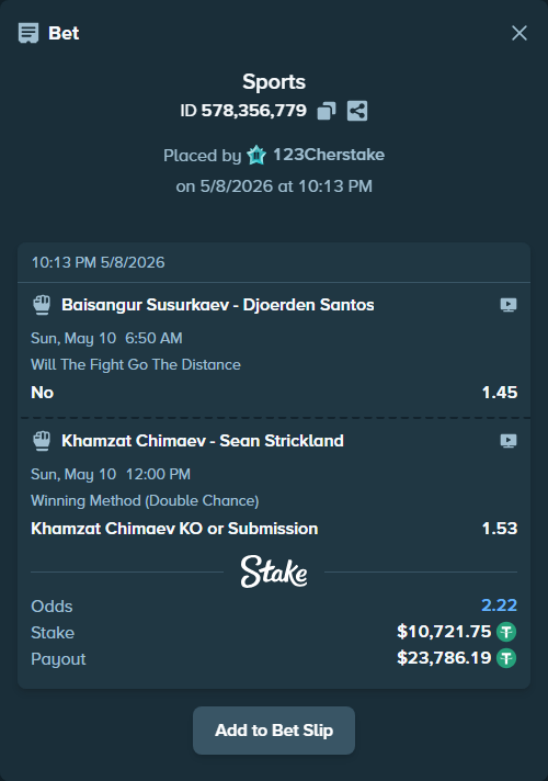 Bet slip: Khamzat Chimaev - Sean Strickland, $10,721.75 stake at 1.53 odds, placed by 123Cherstake