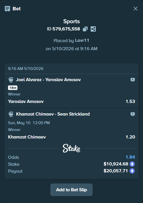Bet slip: Khamzat Chimaev - Sean Strickland, $8,148.73 stake at 1.20 odds, placed by Lavr11