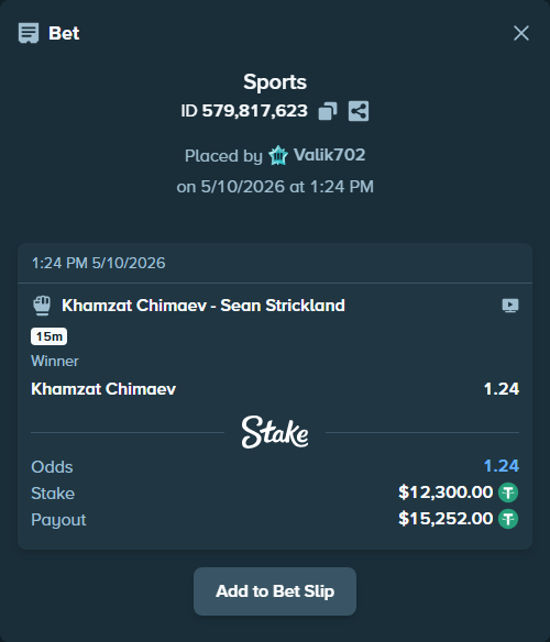 Bet slip: Khamzat Chimaev - Sean Strickland, $12,300.00 stake at 1.24 odds, placed by Valik702