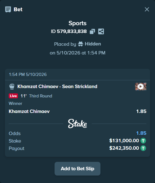 Bet slip: Khamzat Chimaev - Sean Strickland, $131,000.00 stake at 1.85 odds, placed by Hidden