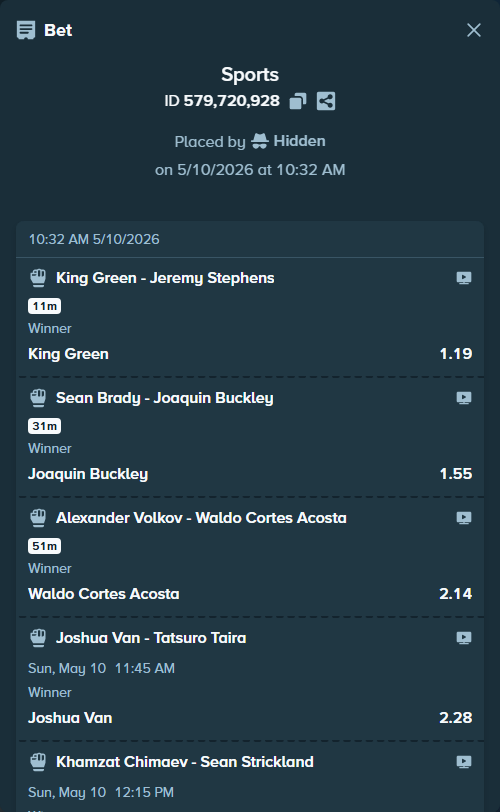 Bet slip: Khamzat Chimaev - Sean Strickland, $10,910.97 stake at 4.60 odds, placed by Hidden