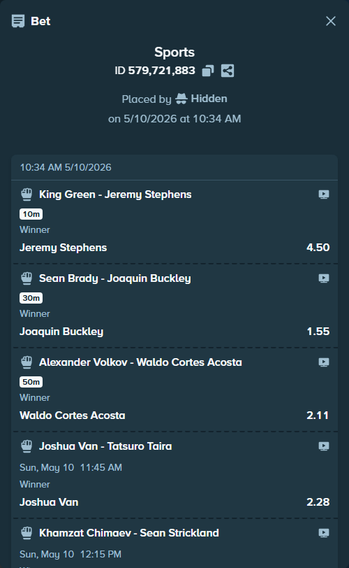 Bet slip: Khamzat Chimaev - Sean Strickland, $10,918.58 stake at 4.60 odds, placed by Hidden