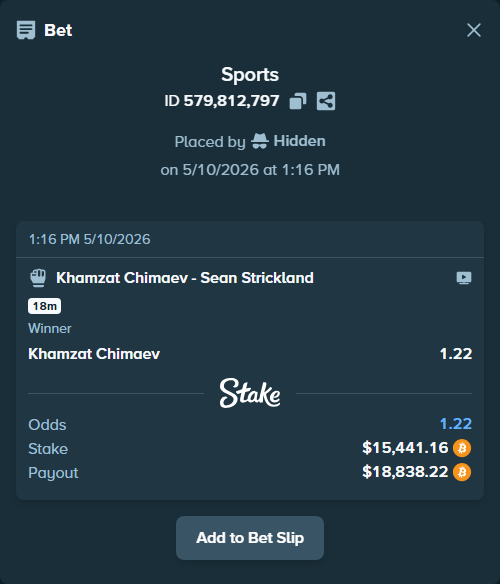 Bet slip: Khamzat Chimaev - Sean Strickland, $12,275.22 stake at 1.22 odds, placed by Hidden