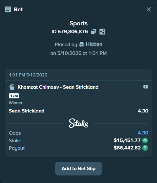 Bet slip: Khamzat Chimaev - Sean Strickland, $15,451.77 stake at 4.30 odds, placed by Hidden
