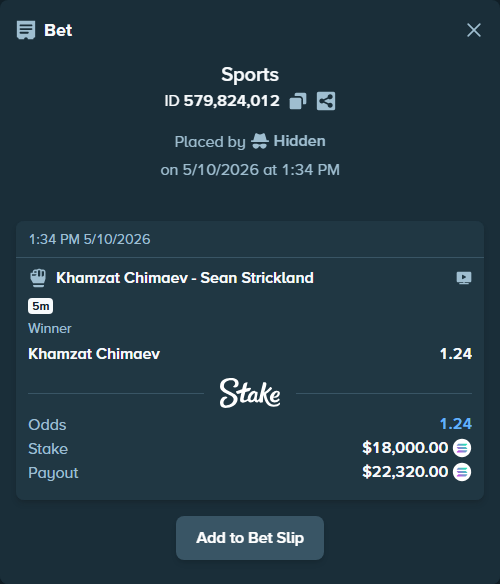 Bet slip: Khamzat Chimaev - Sean Strickland, $14,038.61 stake at 1.24 odds, placed by Hidden