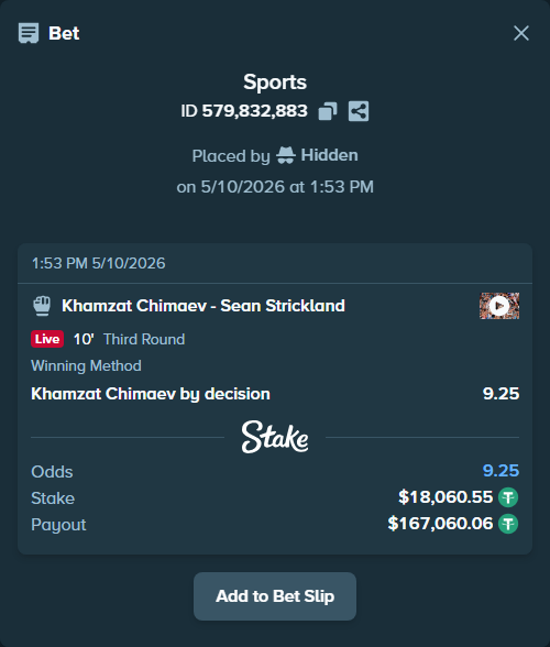 Bet slip: Khamzat Chimaev - Sean Strickland, $18,060.55 stake at 9.25 odds, placed by Hidden