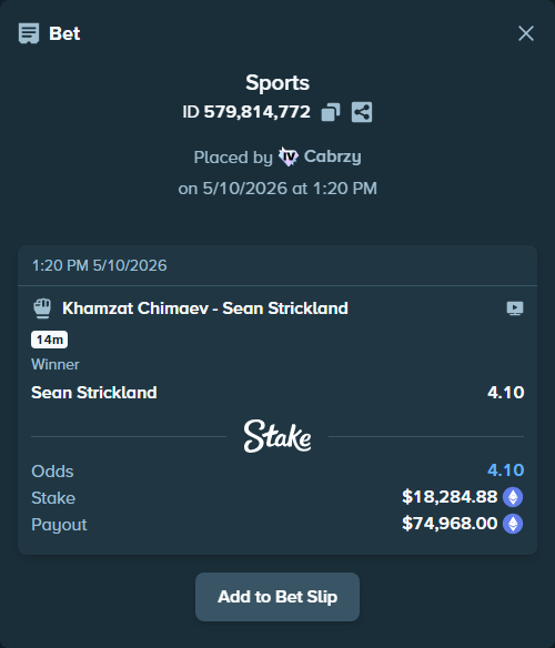 Bet slip: Khamzat Chimaev - Sean Strickland, $13,635.54 stake at 4.10 odds, placed by Cabrzy