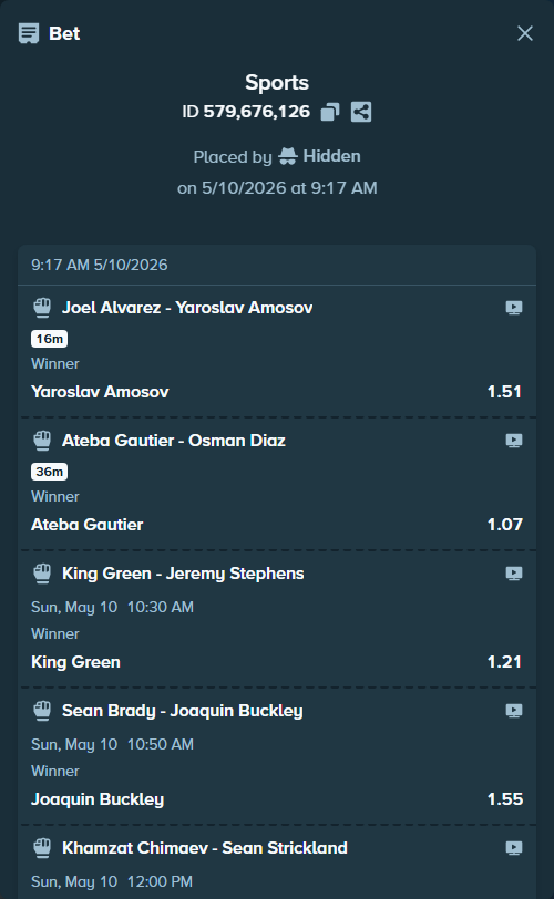 Bet slip: Khamzat Chimaev - Sean Strickland, $16,366.45 stake at 4.40 odds, placed by Hidden