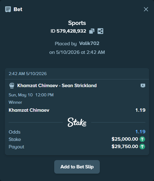 Bet slip: Khamzat Chimaev - Sean Strickland, $25,000.00 stake at 1.19 odds, placed by Valik702