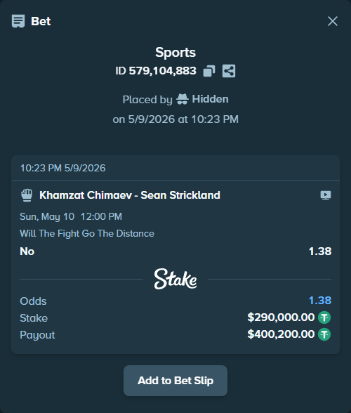 Bet slip: Khamzat Chimaev - Sean Strickland, $290,000.00 stake at 1.38 odds, placed by Hidden