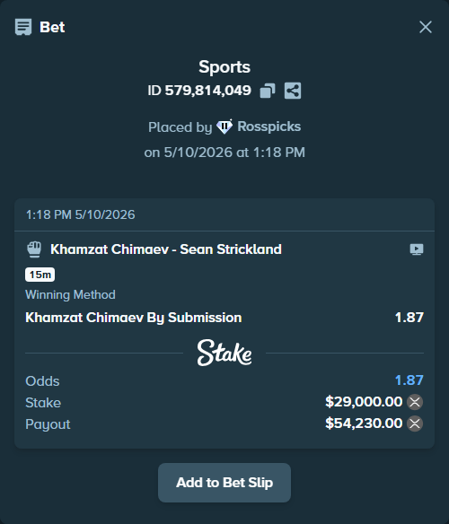 Bet slip: Khamzat Chimaev - Sean Strickland, $23,545.10 stake at 1.87 odds, placed by Rosspicks